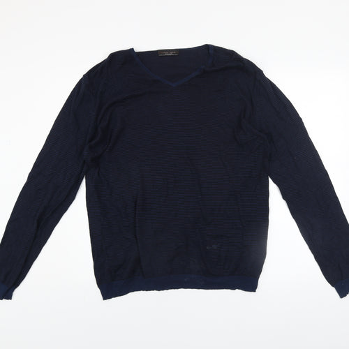 Zara Man Blue Striped Cotton V-Neck Jumper XL Regular Fit