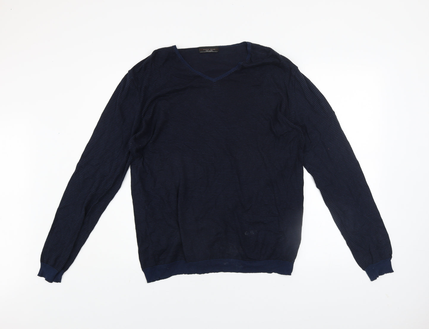 Zara Man Blue Striped Cotton V-Neck Jumper XL Regular Fit