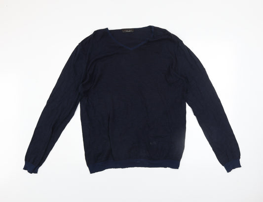 Zara Man Blue Striped Cotton V-Neck Jumper XL Regular Fit