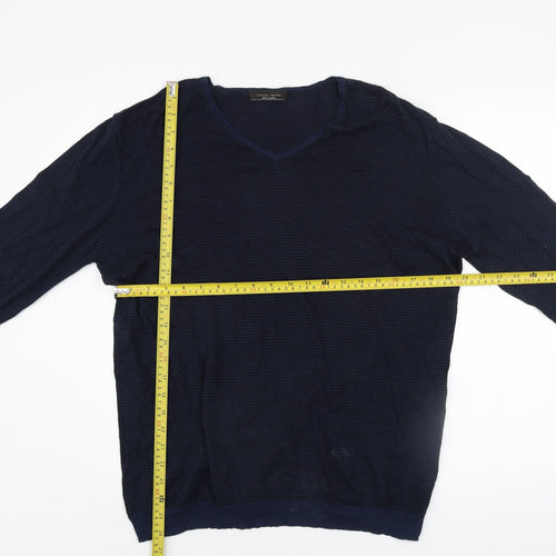 Zara Man Blue Striped Cotton V-Neck Jumper XL Regular Fit