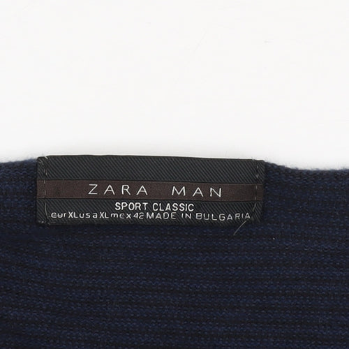 Zara Man Blue Striped Cotton V-Neck Jumper XL Regular Fit