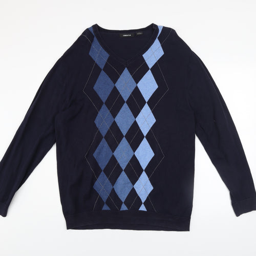 Claiborne Men's Blue Argyle V-Neck Cotton Jumper L