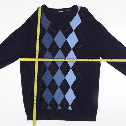 Claiborne Men's Blue Argyle V-Neck Cotton Jumper L