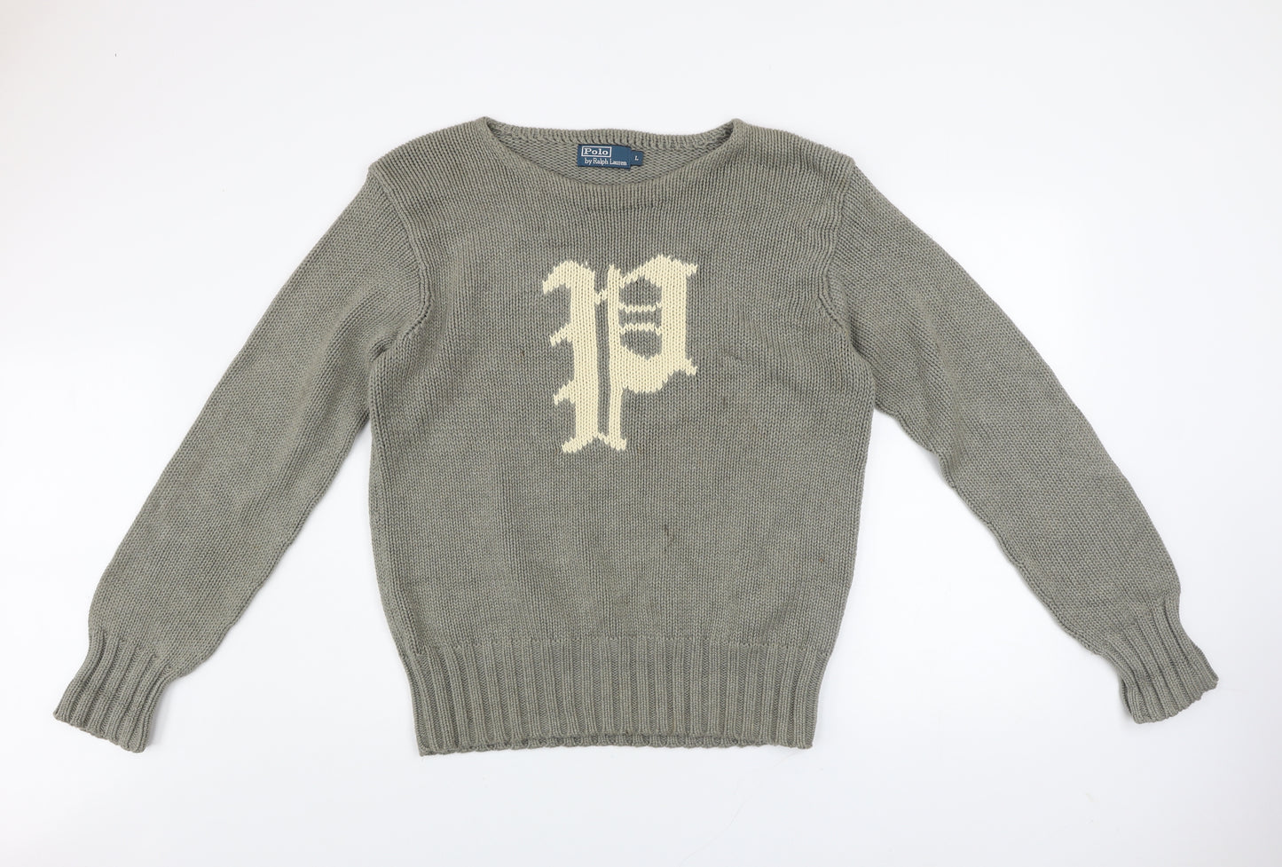 Polo Ralph Lauren Men's Grey Cotton Jumper L Logo Knit Pullover