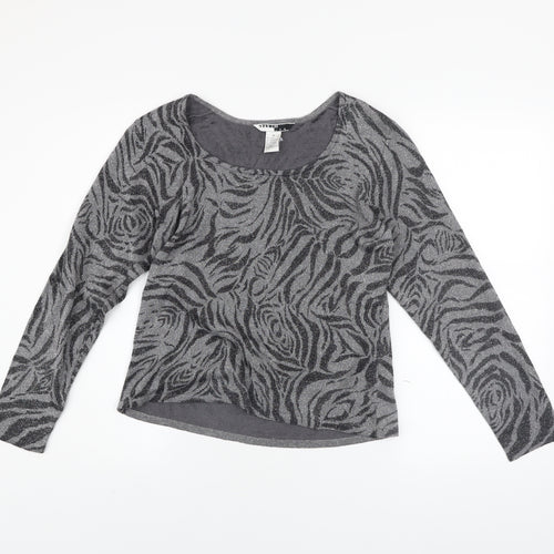 Studio JPR Women's Grey Metallic Animal Print Silk Blend Long Sleeve Top M