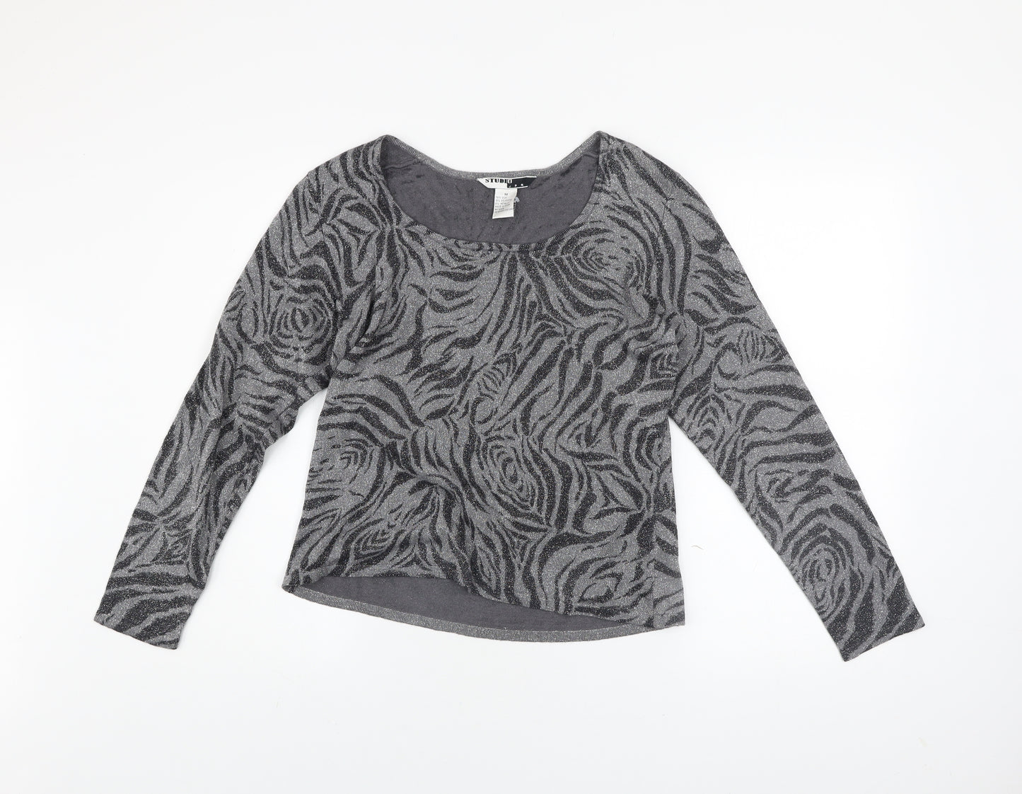 Studio JPR Women's Grey Metallic Animal Print Silk Blend Long Sleeve Top M