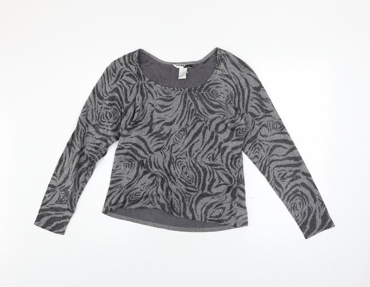 Studio JPR Women's Grey Metallic Animal Print Silk Blend Long Sleeve Top M