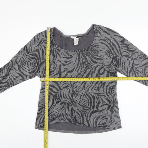 Studio JPR Women's Grey Metallic Animal Print Silk Blend Long Sleeve Top M