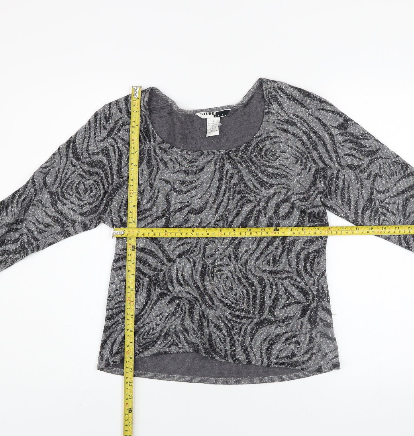 Studio JPR Women's Grey Metallic Animal Print Silk Blend Long Sleeve Top M