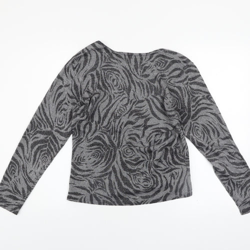 Studio JPR Women's Grey Metallic Animal Print Silk Blend Long Sleeve Top M