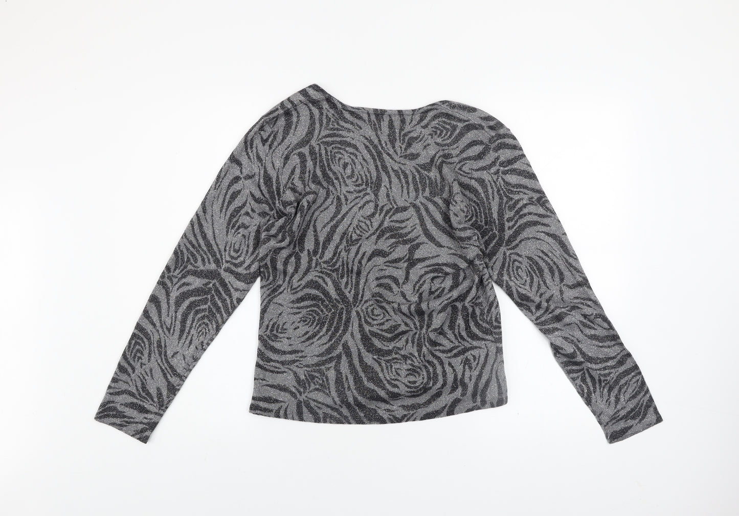 Studio JPR Women's Grey Metallic Animal Print Silk Blend Long Sleeve Top M