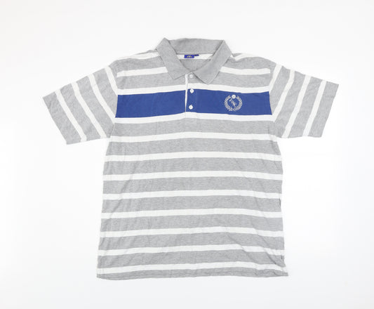 Leeds United Mens Grey Striped Cotton Polo Shirt Size L