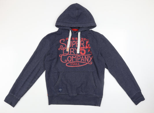 Superdry Men’s Blue Pullover Hoodie L Logo Print Fleece Sweatshirt