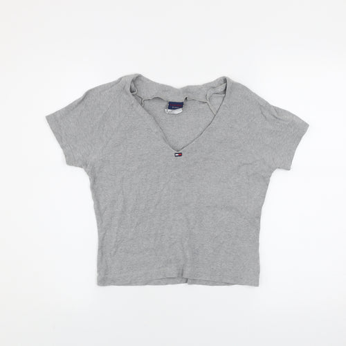 Tommy Jeans Womens Grey Cropped V-Neck T-Shirt Size S