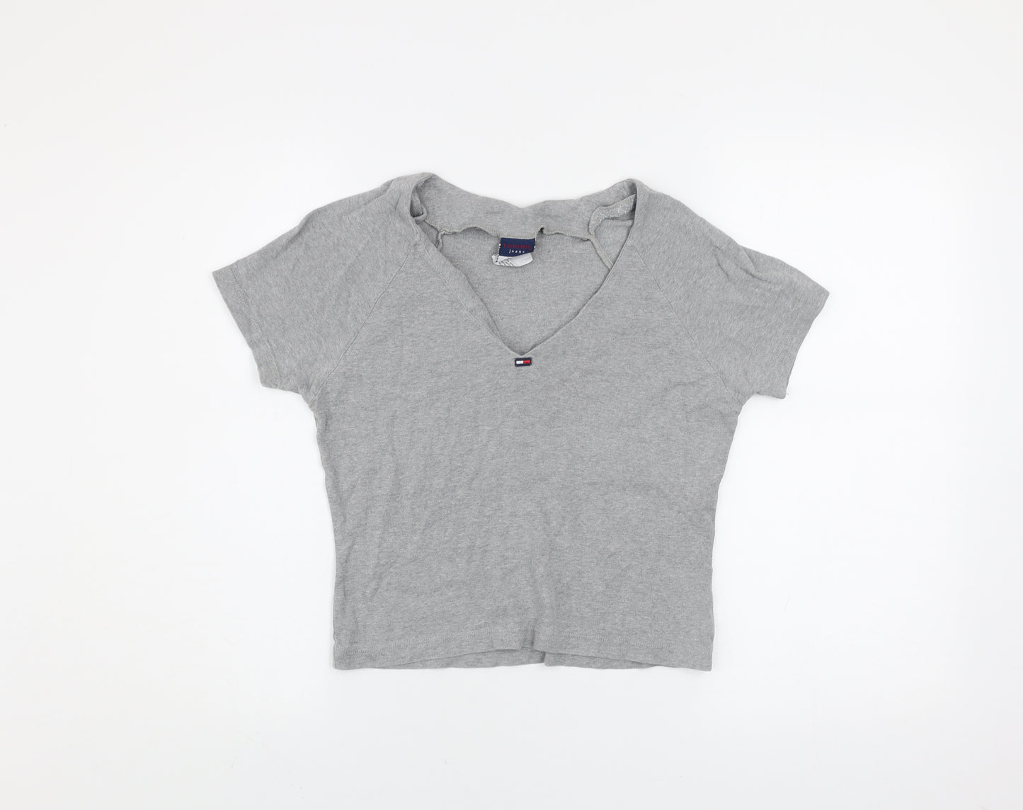 Tommy Jeans Womens Grey Cropped V-Neck T-Shirt Size S