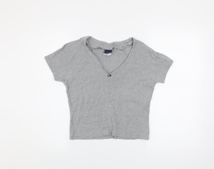 Tommy Jeans Womens Grey Cropped V-Neck T-Shirt Size S