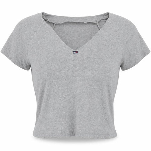 Tommy Jeans Womens Grey Cropped V-Neck T-Shirt Size S