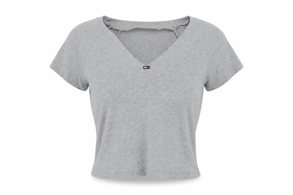 Tommy Jeans Womens Grey Cropped V-Neck T-Shirt Size S