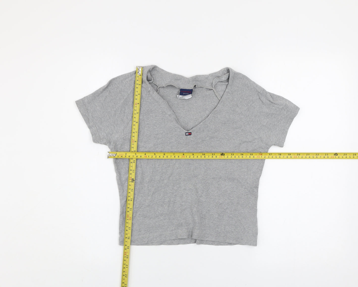 Tommy Jeans Womens Grey Cropped V-Neck T-Shirt Size S