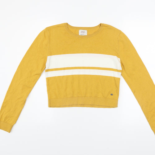 Pull&Bear Women Yellow Striped Crew Neck Cotton Blend Jumper Size 12