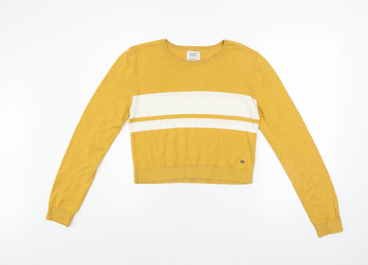 Pull&Bear Women Yellow Striped Crew Neck Cotton Blend Jumper Size 12