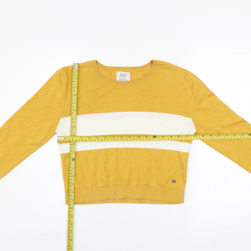 Pull&Bear Women Yellow Striped Crew Neck Cotton Blend Jumper Size 12