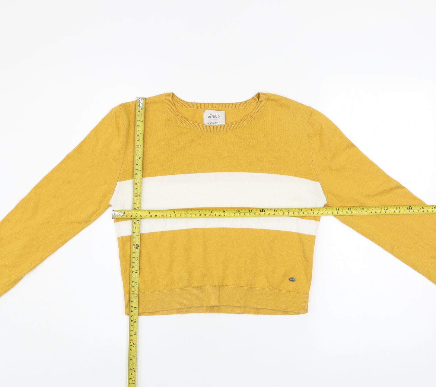 Pull&Bear Women Yellow Striped Crew Neck Cotton Blend Jumper Size 12