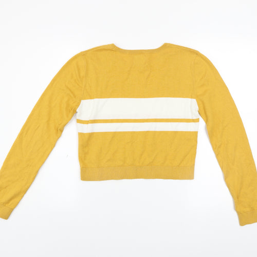 Pull&Bear Women Yellow Striped Crew Neck Cotton Blend Jumper Size 12