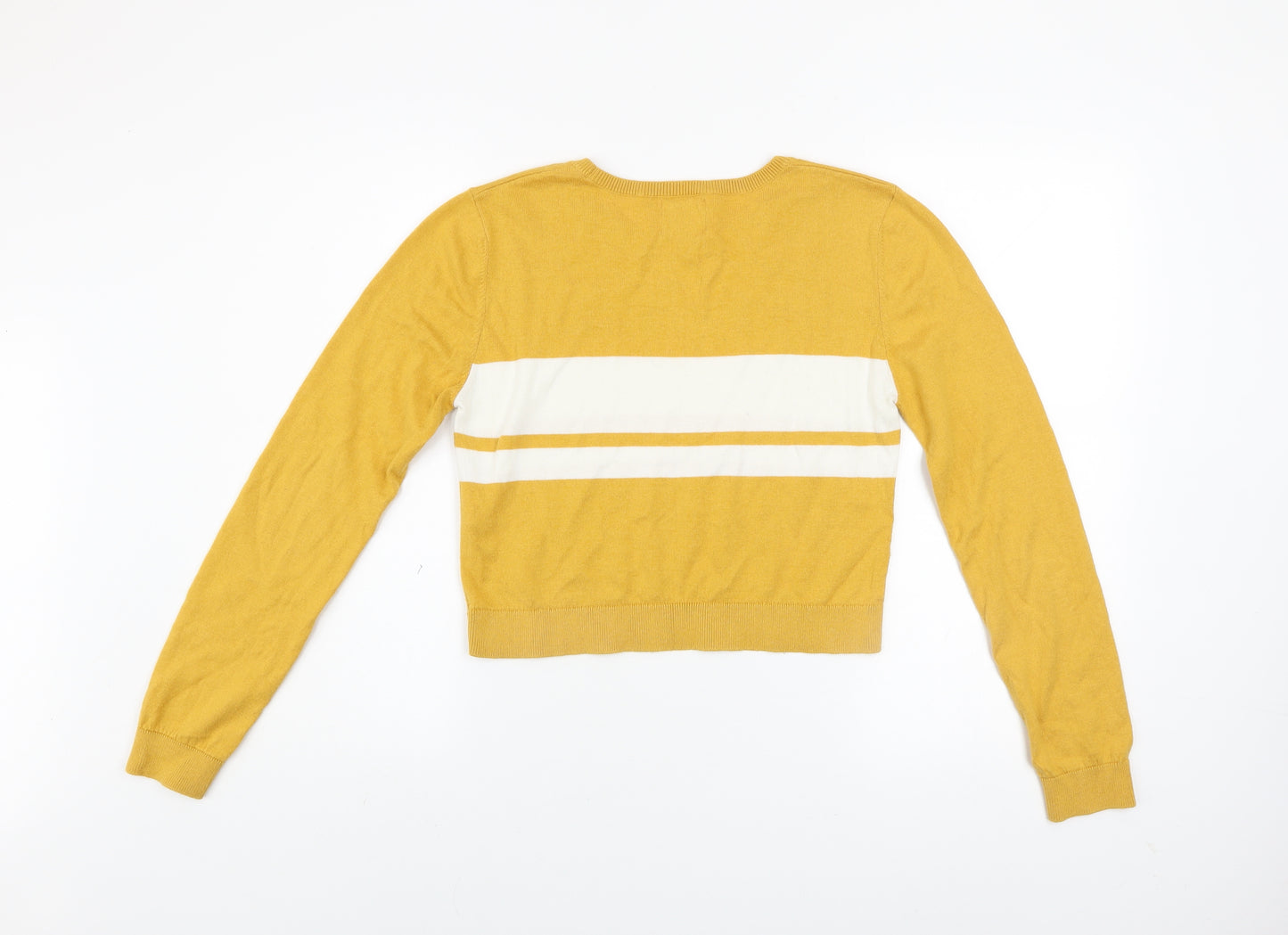 Pull&Bear Women Yellow Striped Crew Neck Cotton Blend Jumper Size 12
