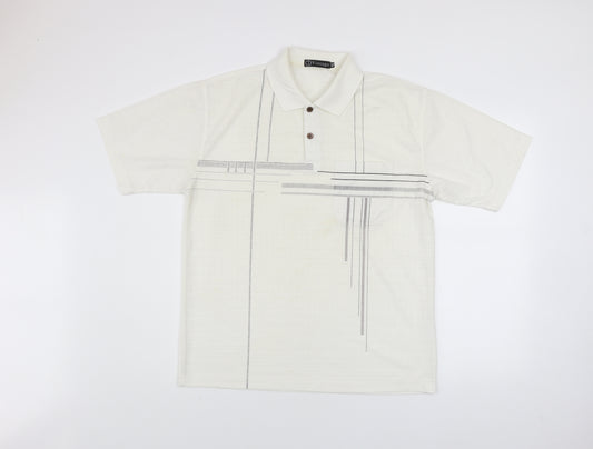 Vintage Men's Ivory Striped Short Sleeve Polo Shirt Size M Retro Cotton Blend