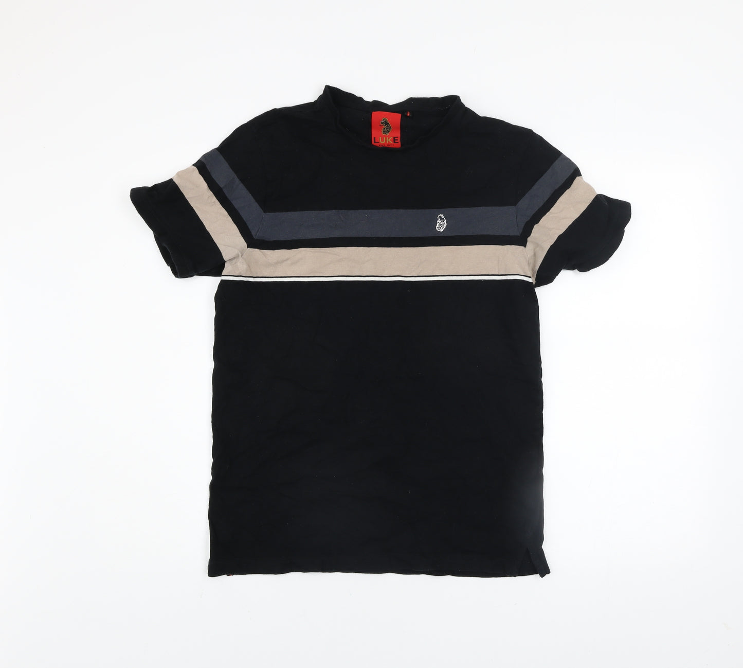 Luke 1977 Men's Black Beige Stripe Crew Neck Cotton T-Shirt Size M