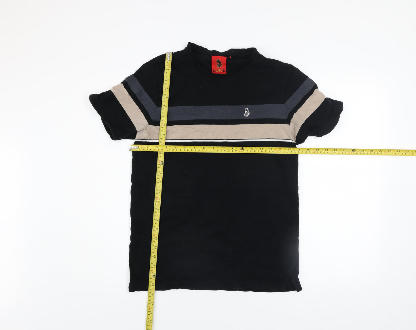 Luke 1977 Men's Black Beige Stripe Crew Neck Cotton T-Shirt Size M