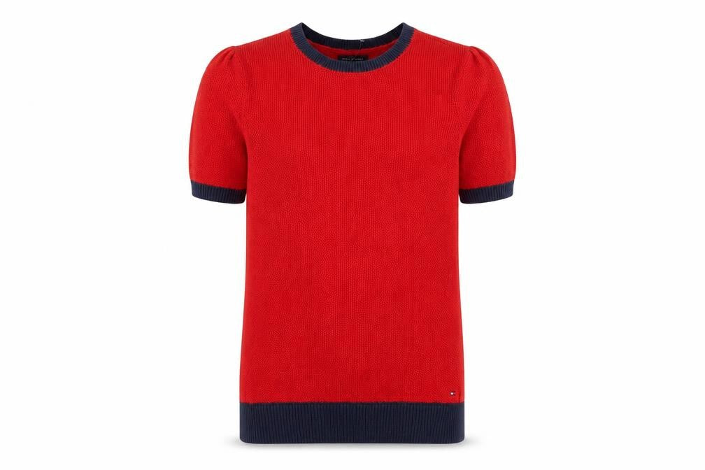 Front view of Tommy Hilfiger Men Red Knit Crew Neck Short Sleeve Jumper M