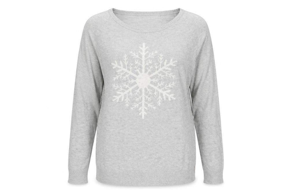 Front view of Linea Women Grey Snowflake jumper, size L, Winter Knit