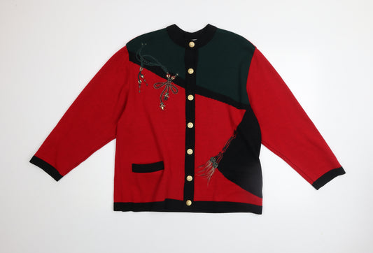 ARA Women's Red Wool Blend Embroidered Button Cardigan Size 16