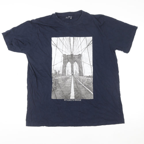 H&H Bridge Men's Blue Brooklyn Bridge Graphic Cotton T-Shirt L