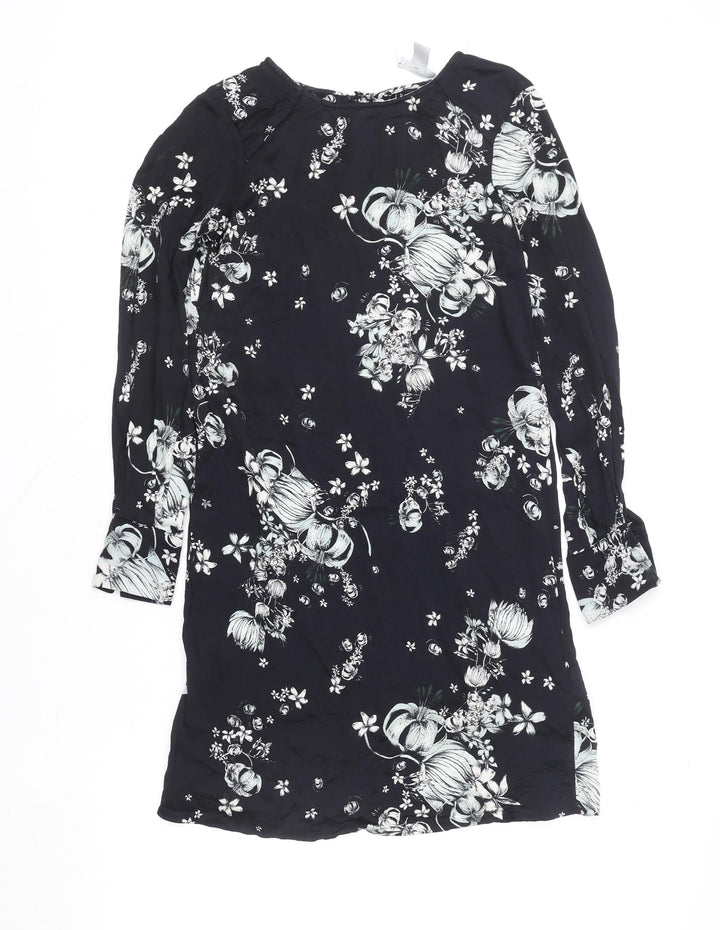 H&M Women's Black Floral Long Sleeve Shift Dress Size 8