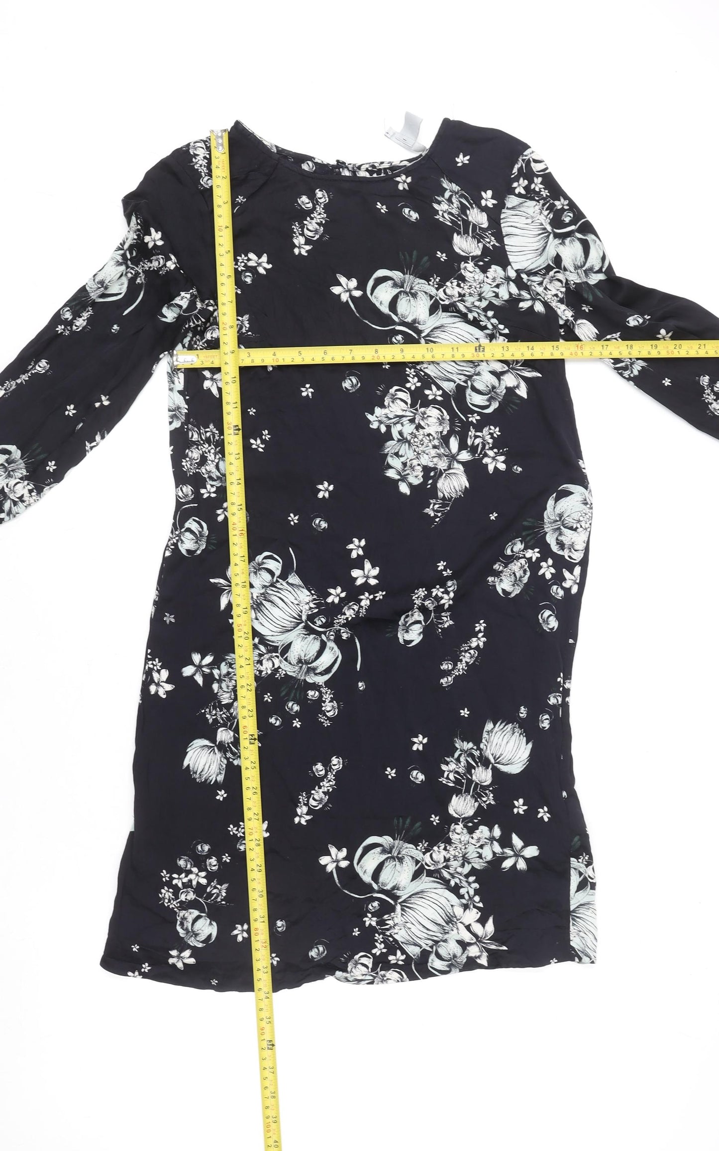 H&M Women's Black Floral Long Sleeve Shift Dress Size 8