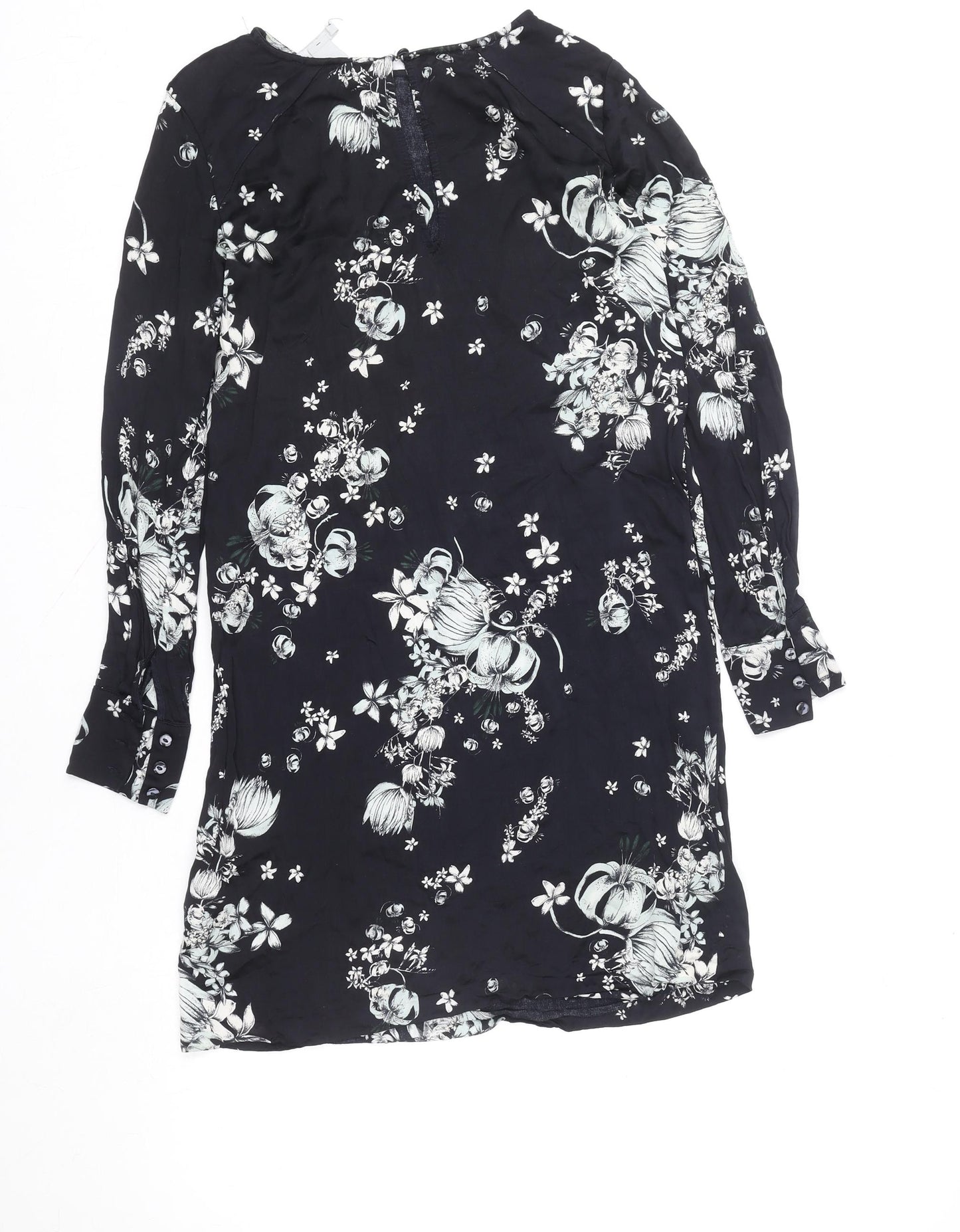 H&M Women's Black Floral Long Sleeve Shift Dress Size 8