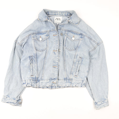 ZARA Women Blue Cropped Denim Jacket Size S Relaxed Fit