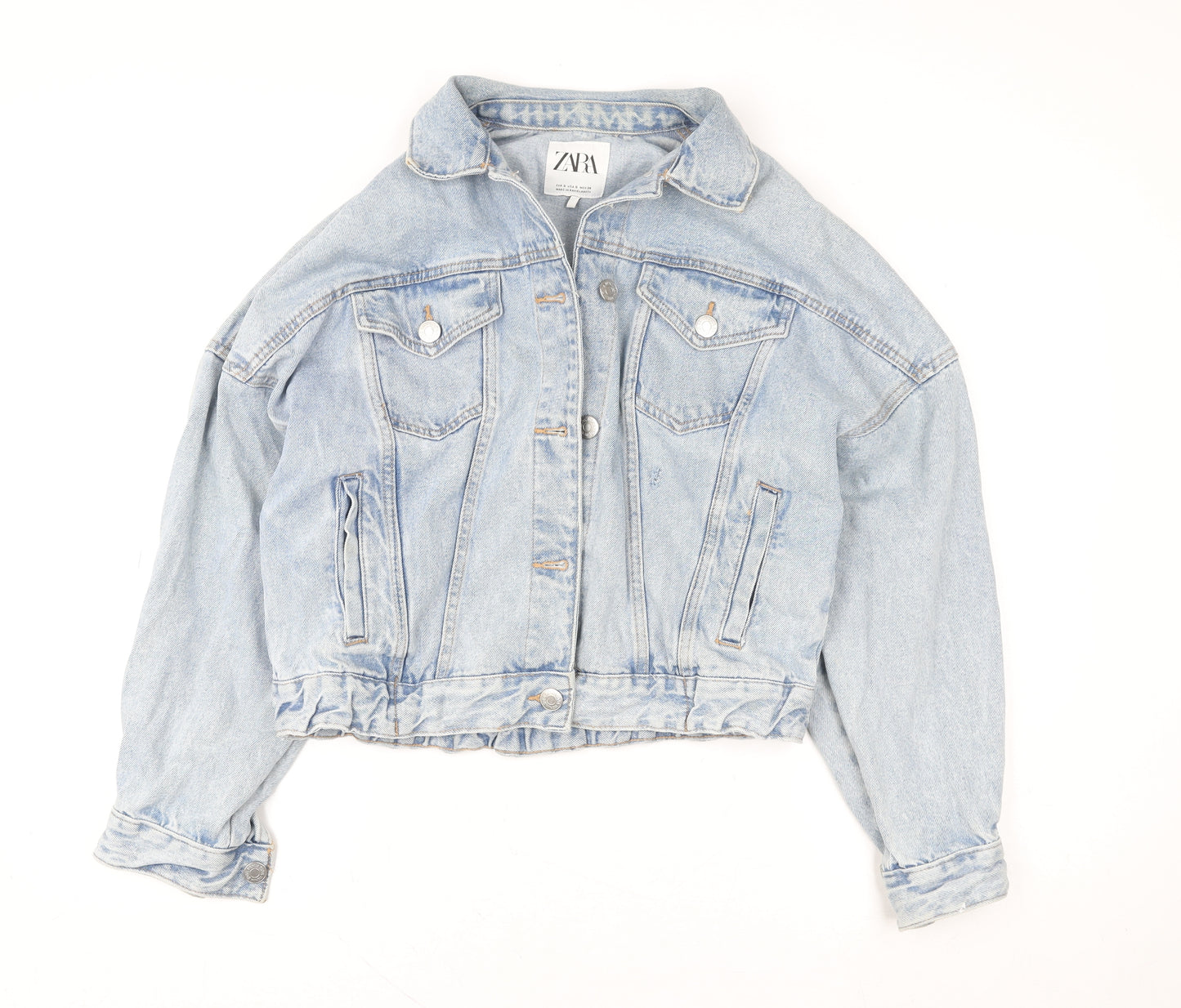 ZARA Women Blue Cropped Denim Jacket Size S Relaxed Fit
