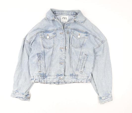 ZARA Women Blue Cropped Denim Jacket Size S Relaxed Fit
