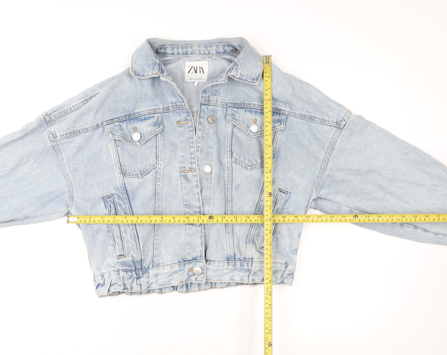 ZARA Women Blue Cropped Denim Jacket Size S Relaxed Fit