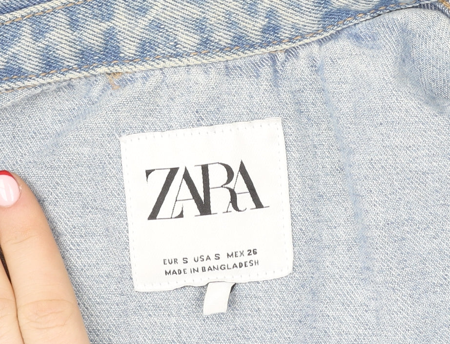 ZARA Women Blue Cropped Denim Jacket Size S Relaxed Fit