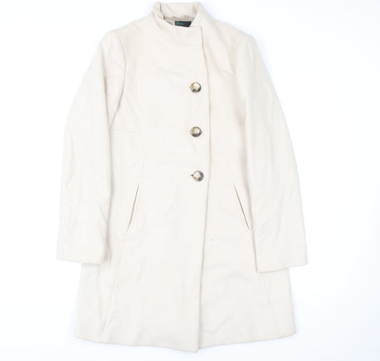 Stile Benetton Women Beige Wool Blend Coat Size 14 Long Buttoned Classic