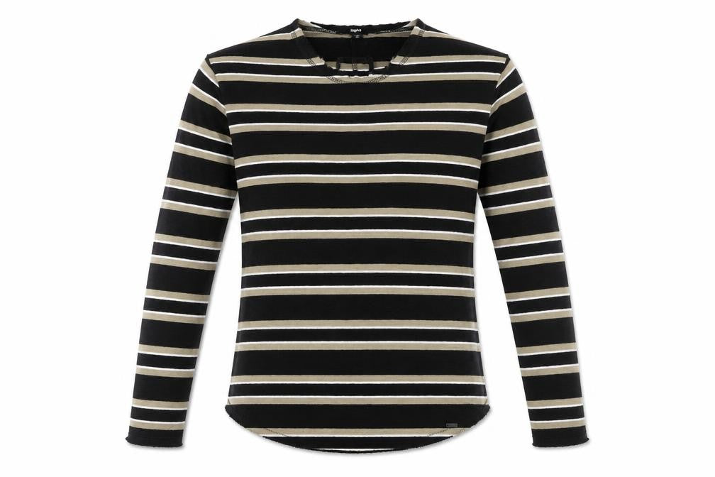 Front view of Tigha Women's Black Striped Long Sleeve Pullover Sweatshirt S