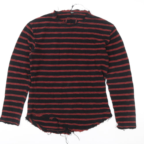 tigha Men's Red Black Striped Cotton Crew Neck Pullover Sweatshirt Size S