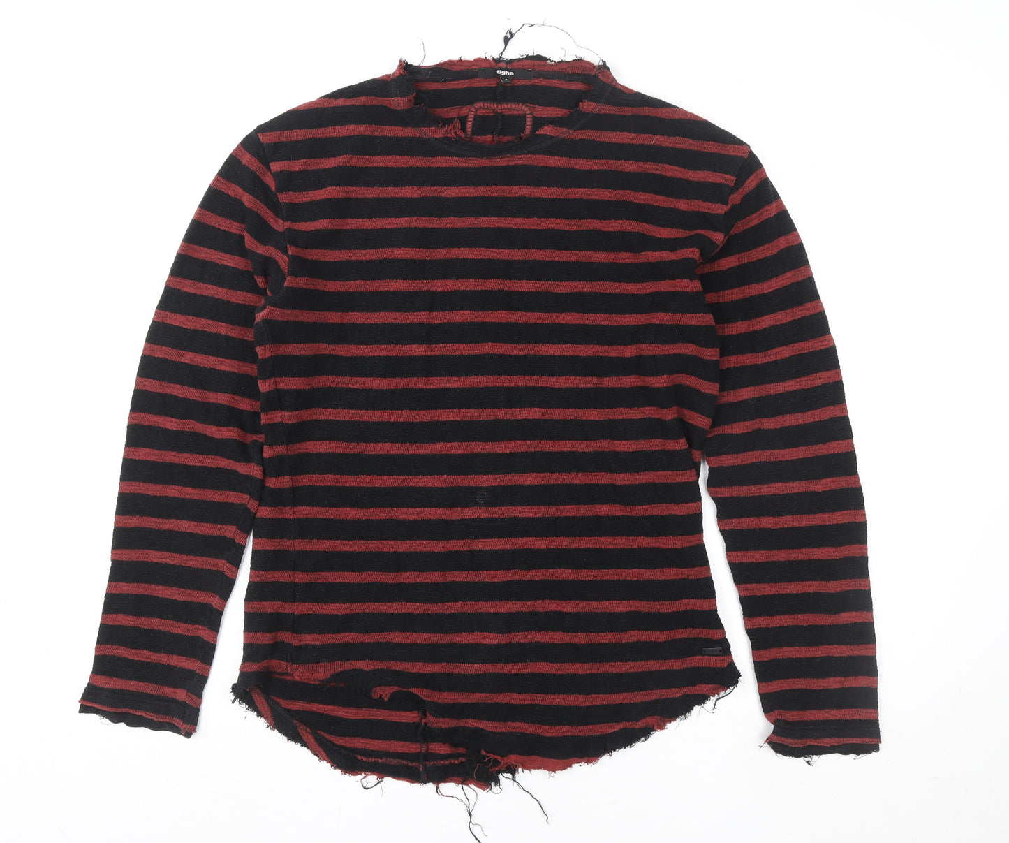 tigha Men's Red Black Striped Cotton Crew Neck Pullover Sweatshirt Size S