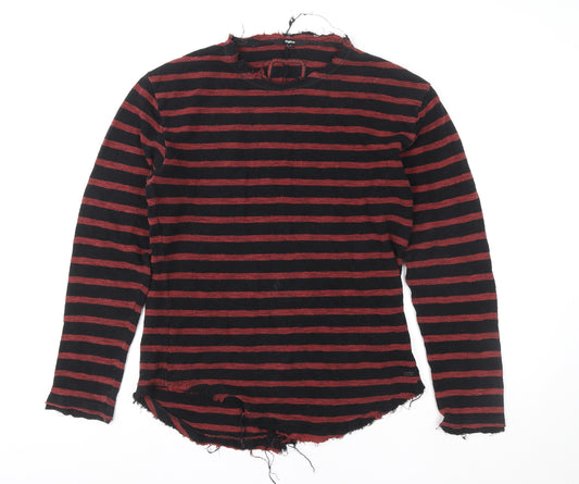 tigha Men's Red Black Striped Cotton Crew Neck Pullover Sweatshirt Size S