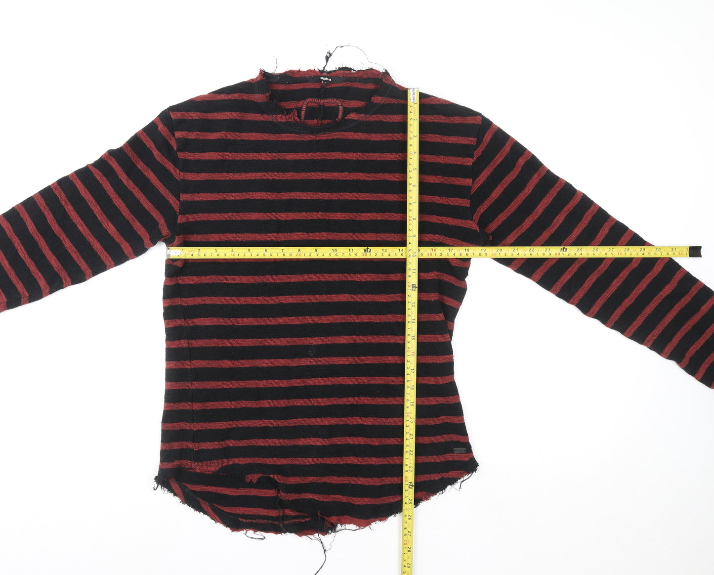 tigha Men's Red Black Striped Cotton Crew Neck Pullover Sweatshirt Size S